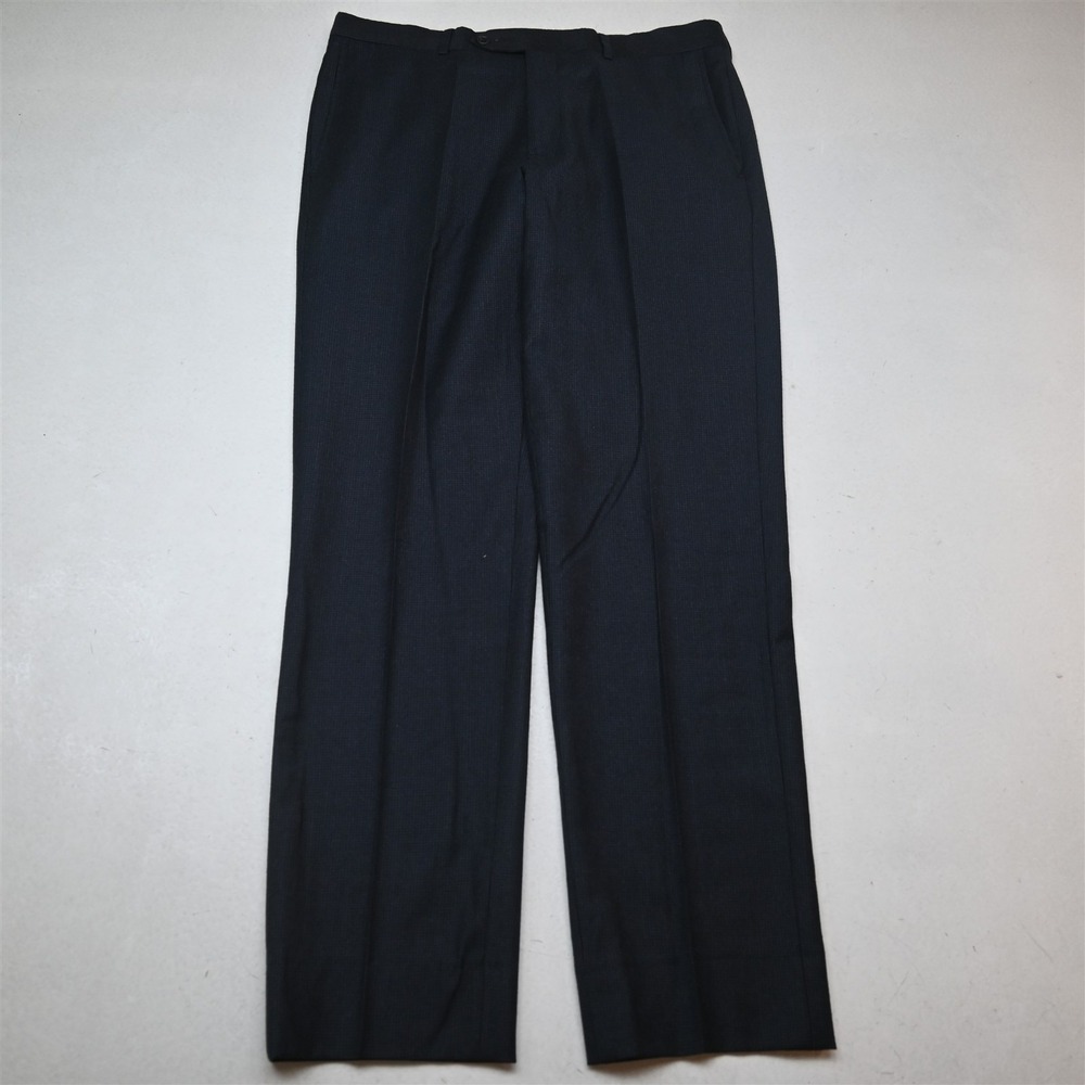Nordstrom 32x32 Blue Houndstooth 100% Wool Flannel Flat Front Slim Dress Pants